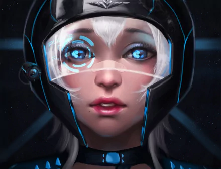 A captivating sci-fi HD wallpaper featuring a woman with striking blue eyes, wearing a futuristic helmet. The design blends technology and artistry in an intriguing way.