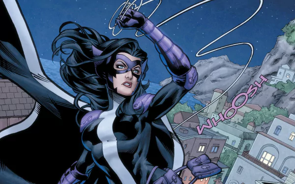 Dynamic HD wallpaper featuring a comic-style hunter in a striking black and purple costume, capturing an action-packed moment against a nighttime backdrop.