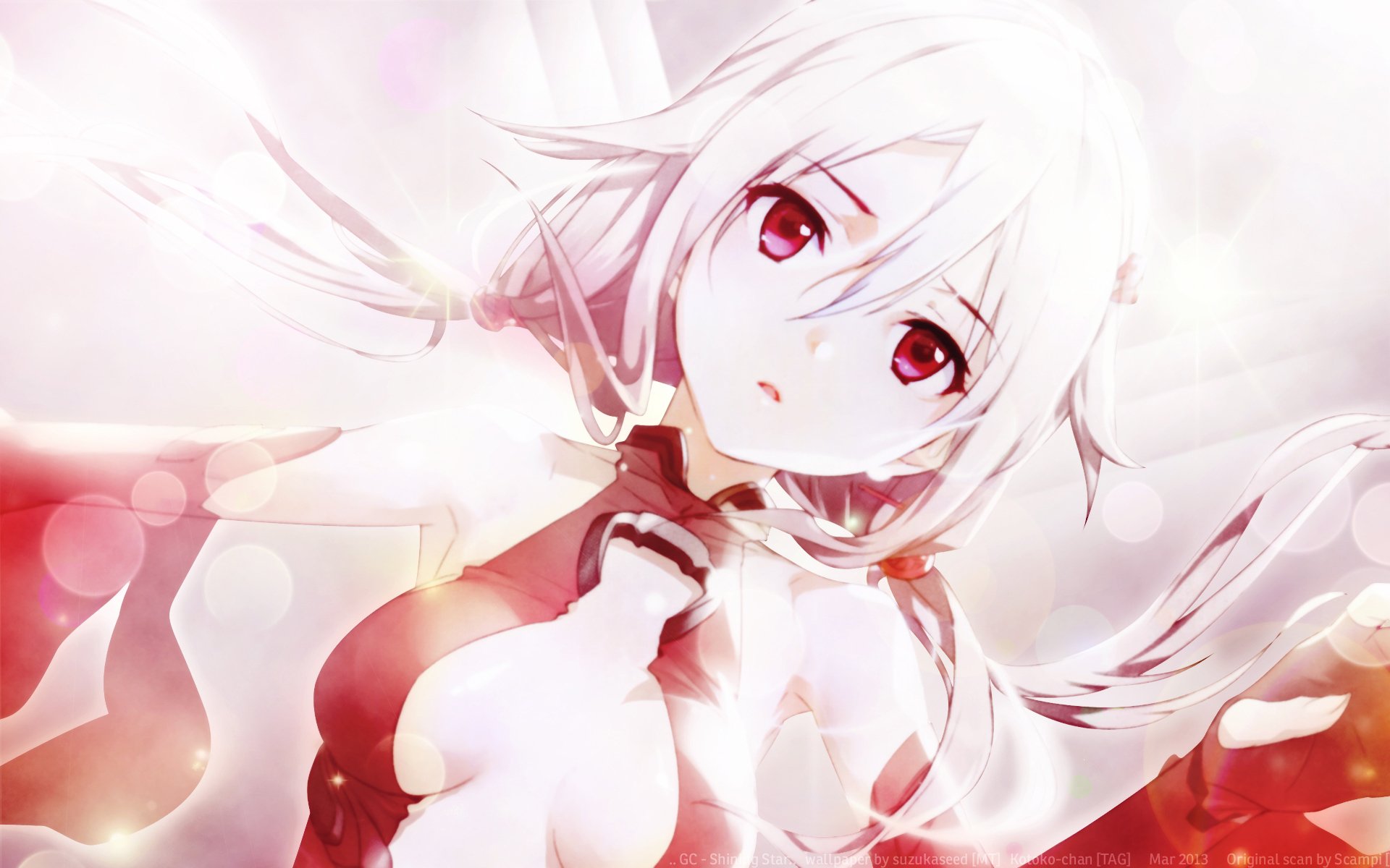 HD anime desktop wallpaper featuring a character from Guilty Crown with white hair and red eyes, surrounded by soft pink and red hues.