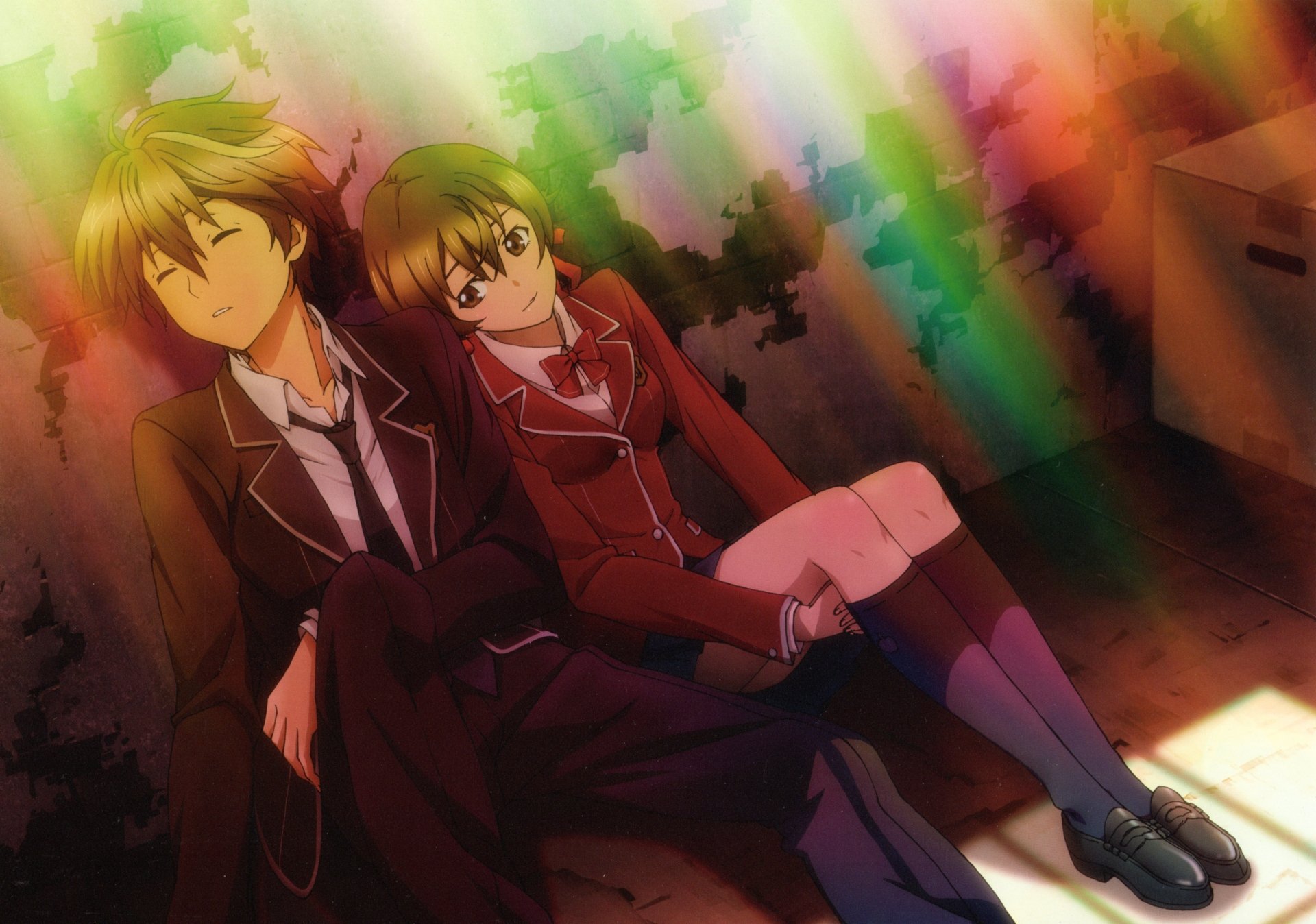 Anime scene from Guilty Crown featuring two characters in school uniforms sitting closely, bathed in warm, colorful light; rendered in 4K Ultra HD for PC desktop wallpaper.