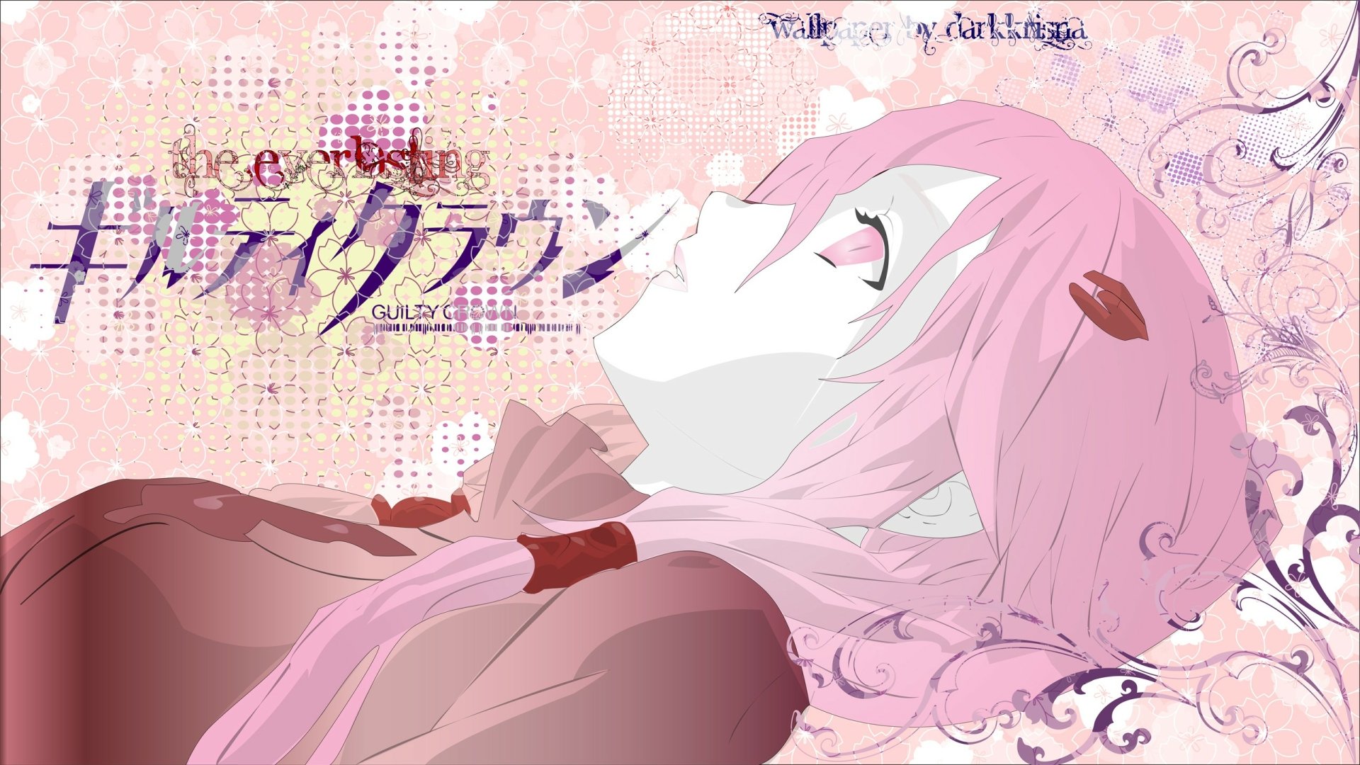 HD anime desktop wallpaper featuring a close-up of a pink-haired character from Guilty Crown lying down against a soft, artistic background with stylized text.