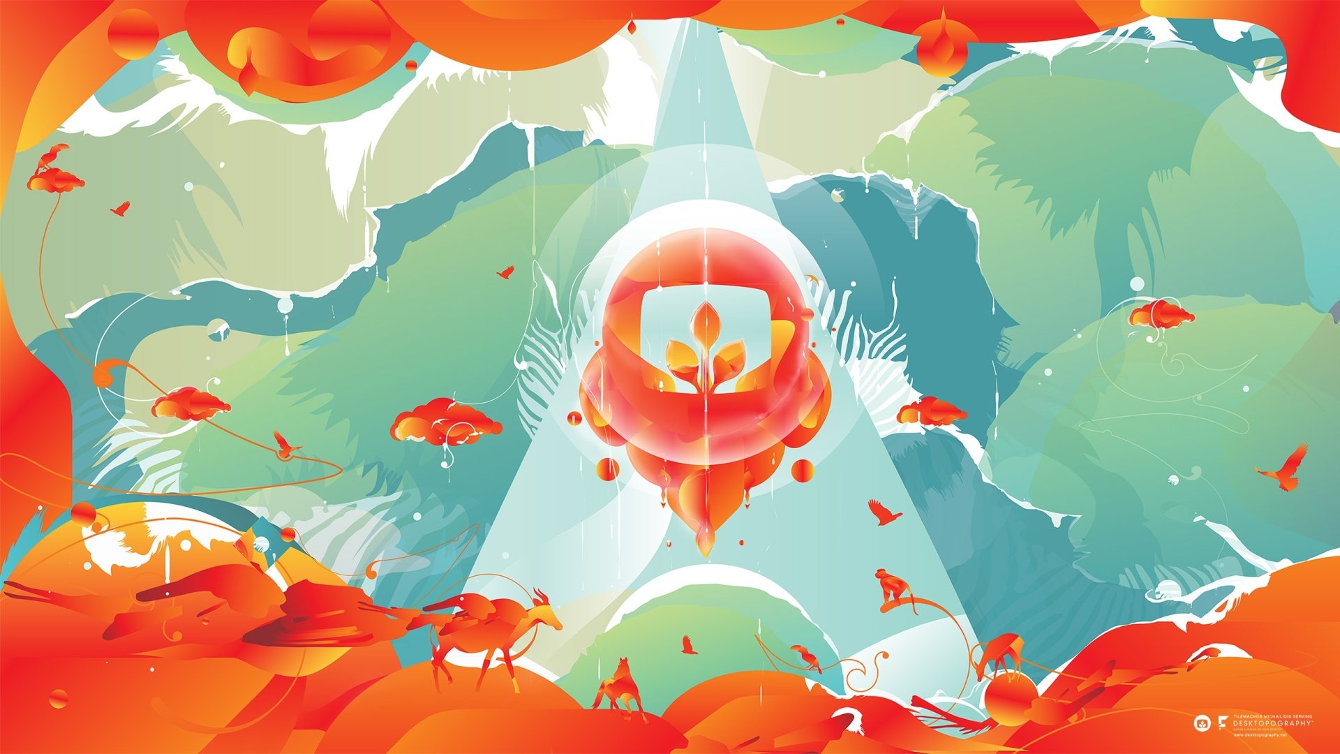 Artistic Desktopography 2K Quad HD PC desktop wallpaper/background: glowing central orb with a sprout, orange koi-like fish and floating leaves over teal mountains.