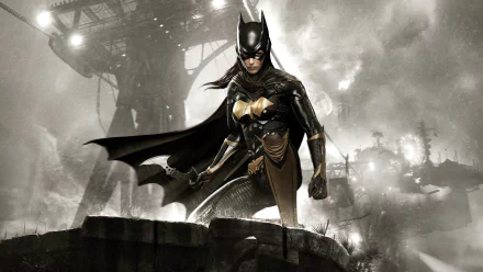 A striking HD wallpaper featuring Batgirl from the video game Batman: Arkham Knight, showcasing her poised and determined stance against a dramatic, industrial backdrop.