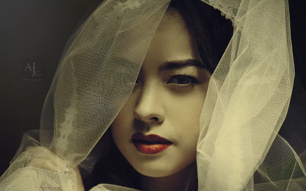 Portrait of a woman with bold lipstick, partially covered by a delicate veil, captured in stunning 4K Ultra HD detail for a PC desktop wallpaper and background.