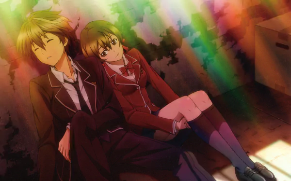 Anime scene from Guilty Crown featuring two characters in school uniforms sitting closely, bathed in warm, colorful light; rendered in 4K Ultra HD for PC desktop wallpaper.