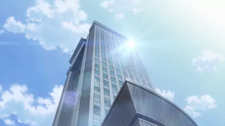 HD Anime desktop wallpaper of a building from Golden Time, featuring a high-rise structure with the sun shining brightly in a clear blue sky.