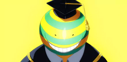 HD desktop wallpaper featuring Koro-sensei from the anime Assassination Classroom. The image shows Koro-sensei wearing a graduation cap and gown against a bright yellow background.