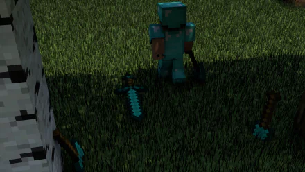 A Minecraft character in diamond armor is surrounded by pixelated swords on a grassy field next to a birch tree. This HD wallpaper captures the essence of the popular video game.