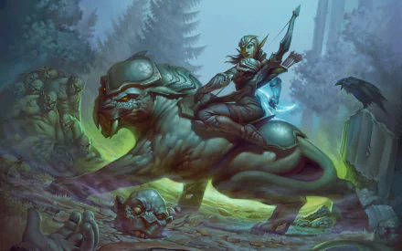 A fantasy scene featuring a woman warrior riding a large creature through a misty, eerie forest, surrounded by mystical elements and dark shadows. HD PC desktop wallpaper.