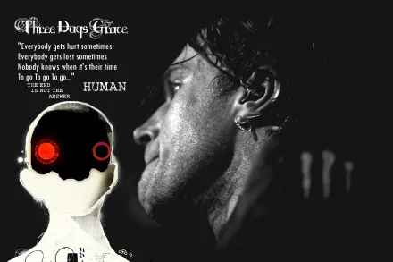 HD PC desktop wallpaper featuring Matt Walst of Three Days Grace with lyrics and a robotic humanoid figure, blending music and dark artistic elements.