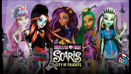 Colorful HD wallpaper featuring characters from Monster High: Scaris City of Frights, showcasing iconic monster-themed fashion and a spooky urban backdrop.