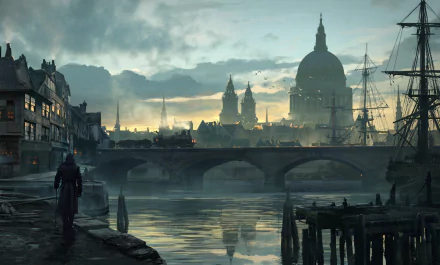 HD desktop wallpaper of Jacob Frye from the video game Assassin's Creed: Syndicate, featuring a misty riverside view of 19th century London with iconic architecture and a bridge.