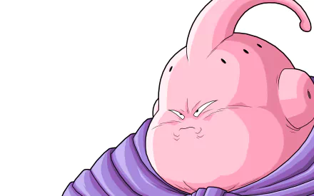 HD desktop wallpaper featuring Majin Buu from Dragon Ball Z anime, depicted with a stern expression and a purple scarf against a white background.