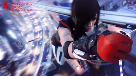 A dynamic HD wallpaper featuring Faith Connors from the video game Mirror's Edge Catalyst, showcasing her in action against a vibrant urban backdrop.