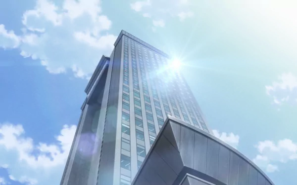 HD Anime desktop wallpaper of a building from Golden Time, featuring a high-rise structure with the sun shining brightly in a clear blue sky.