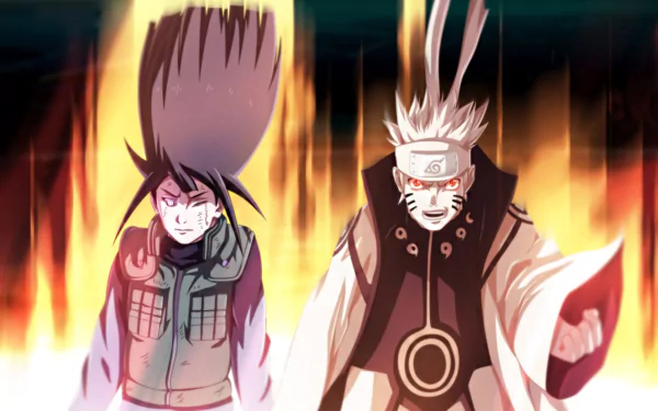HD desktop wallpaper featuring Hinata Hyuga and Naruto Uzumaki from the anime Naruto. Both characters are in battle-ready stances with intense expressions, set against a fiery background.