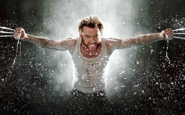A fierce Logan James Howlett (Wolverine) from X-Men Origins: Wolverine unleashes his claws, captured in an intense HD scene from the movie, making a dynamic desktop wallpaper and background.