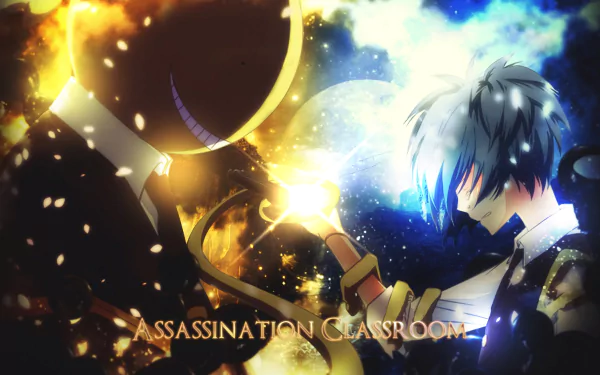 HD desktop wallpaper featuring Nagisa Shiota and Koro-sensei from the anime Assassination Classroom. The image showcases a dramatic encounter between the characters with vibrant and intense colors.