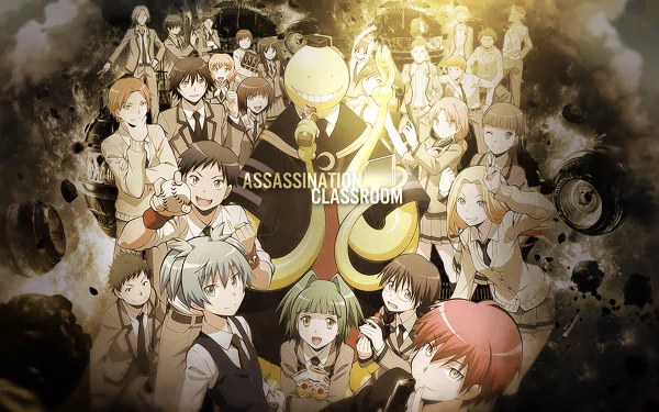 HD desktop wallpaper featuring characters from the anime Assassination Classroom, displayed against a dynamic and artistic background.