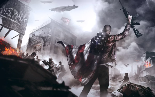 Dynamic HD wallpaper from *Homefront: The Revolution*, featuring a protagonist draped in an American flag, standing against a backdrop of chaos and alien invaders.