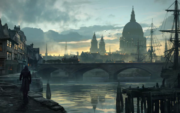 HD desktop wallpaper of Jacob Frye from the video game Assassin's Creed: Syndicate, featuring a misty riverside view of 19th century London with iconic architecture and a bridge.