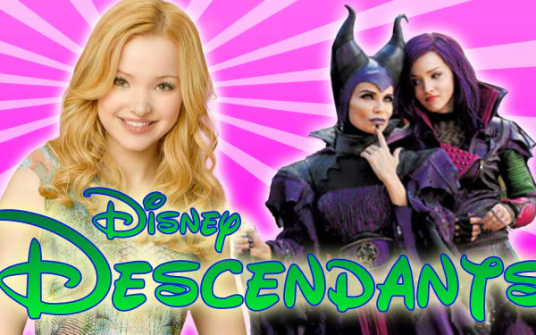 HD desktop wallpaper featuring characters from Disney's Descendants, showcasing a vibrant design with a starburst background and the iconic logo.