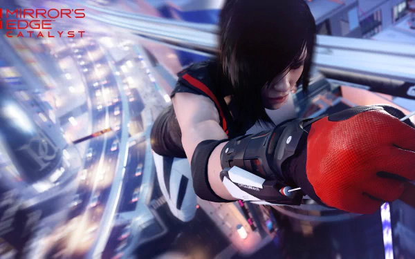 A dynamic HD wallpaper featuring Faith Connors from the video game Mirror's Edge Catalyst, showcasing her in action against a vibrant urban backdrop.