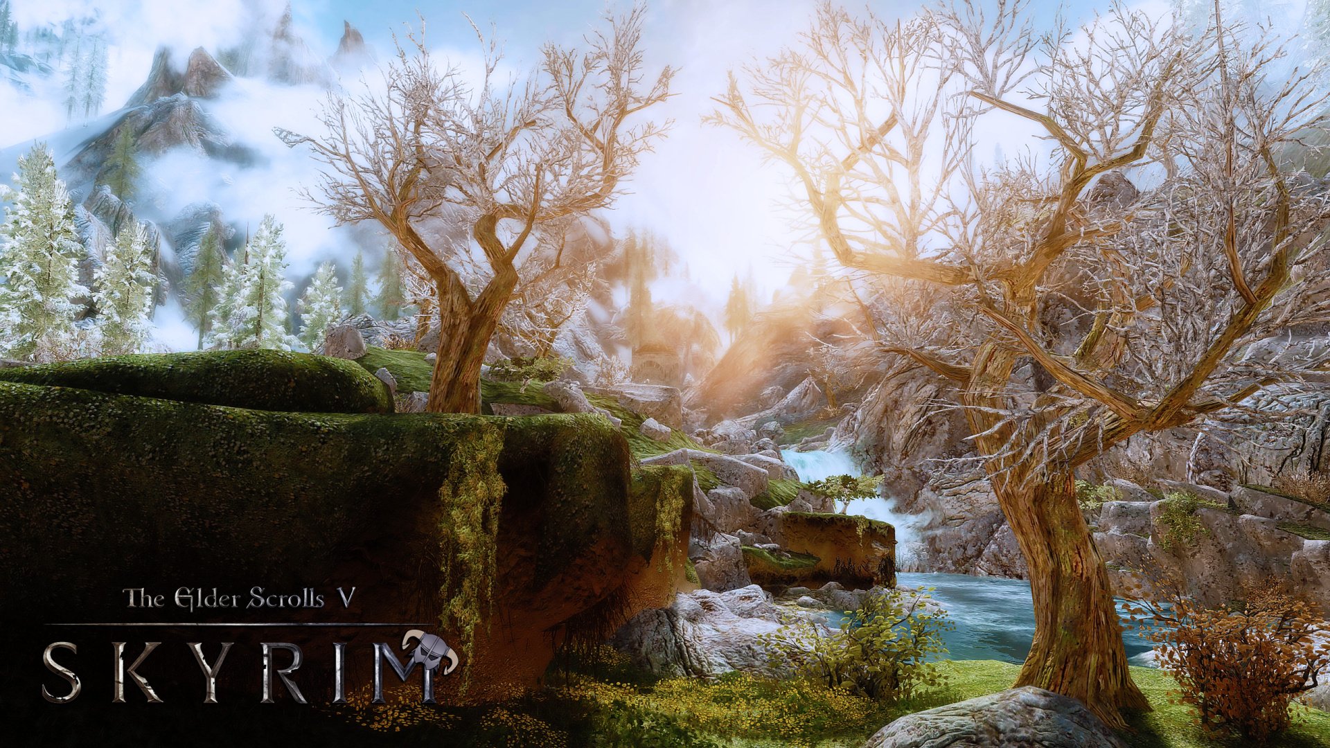 A scenic HD desktop wallpaper from The Elder Scrolls V: Skyrim, featuring a fantasy landscape with rugged mountains, bare trees, and a flowing river in a nature-filled setting.