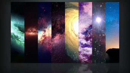 HD PC desktop wallpaper showcasing a vibrant array of stars and cosmic scenes in a sci-fi space theme, divided into vertical panels with varied celestial colors.