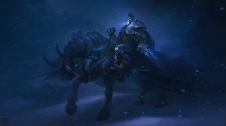 A dramatic HD wallpaper from World of Warcraft, featuring a armored figure on a dark mount amidst a snowy landscape, evoking the game's epic fantasy atmosphere.