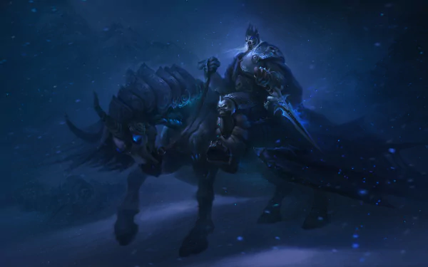 A dramatic HD wallpaper from World of Warcraft, featuring a armored figure on a dark mount amidst a snowy landscape, evoking the game's epic fantasy atmosphere.