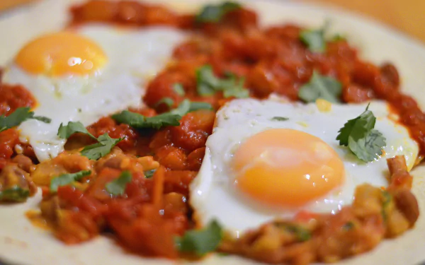 5K Ultra HD PC desktop wallpaper: close-up food shot of two sunny-side-up eggs on a rich tomato and pepper stew, garnished with fresh herbs.