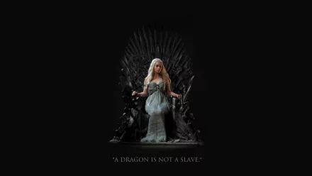 Emilia Clarke as Daenerys Targaryen from Game of Thrones stands confidently before the Iron Throne, with the quote A dragon is not a slave prominently displayed.