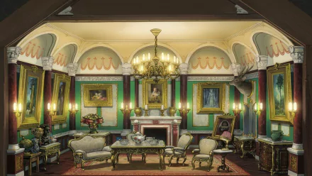 Anime HD PC desktop wallpaper: The Secret World of Arrietty — cozy ornate drawing room with chandelier, fireplace, green-paneled walls, framed paintings and antique furniture.