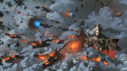 A stunning HD wallpaper featuring a steampunk-inspired sci-fi scene, with battleships firing through explosive clouds against a dramatic sky.