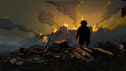 HD PC desktop wallpaper from the video game Valiant Hearts: The Great War, depicting a lone soldier silhouetted against burning ruins at dusk.