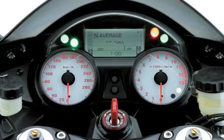 HD PC desktop wallpaper background: close-up of a Kawasaki Ninja motorcycle instrument cluster — illuminated digital display, speedometer and tachometer with red accents.