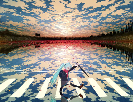 A vibrant HD wallpaper featuring Hatsune Miku in a school uniform with blue hair, standing on a bridge amidst a stunning anime landscape of colorful skies and reflections.