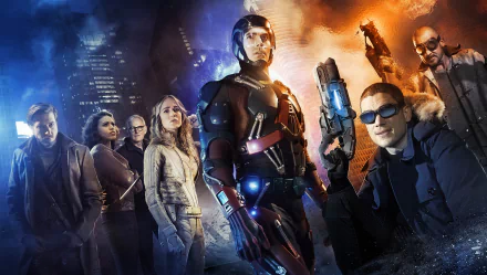A striking HD desktop wallpaper from DC's Legends of Tomorrow, featuring the main characters posed dramatically against a vibrant, action-filled background.