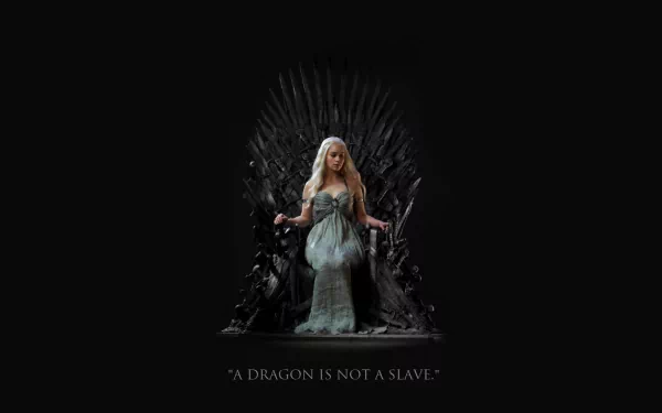 Emilia Clarke as Daenerys Targaryen from Game of Thrones stands confidently before the Iron Throne, with the quote A dragon is not a slave prominently displayed.
