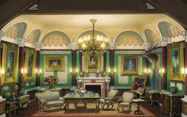 Anime HD PC desktop wallpaper: The Secret World of Arrietty — cozy ornate drawing room with chandelier, fireplace, green-paneled walls, framed paintings and antique furniture.
