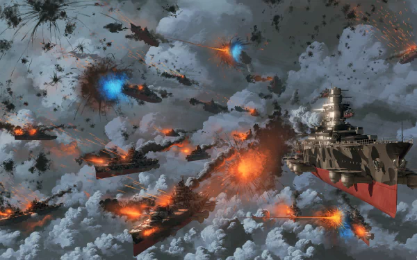 A stunning HD wallpaper featuring a steampunk-inspired sci-fi scene, with battleships firing through explosive clouds against a dramatic sky.