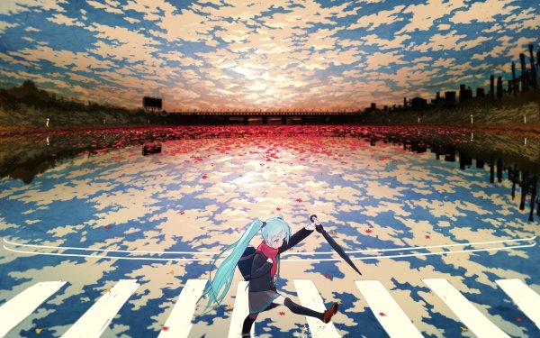 Anime Vocaloid Cloud Sky Sun Bridge Landscape Hatsune Miku Blue Hair Long Hair School Uniform HD Wallpaper | Background Image