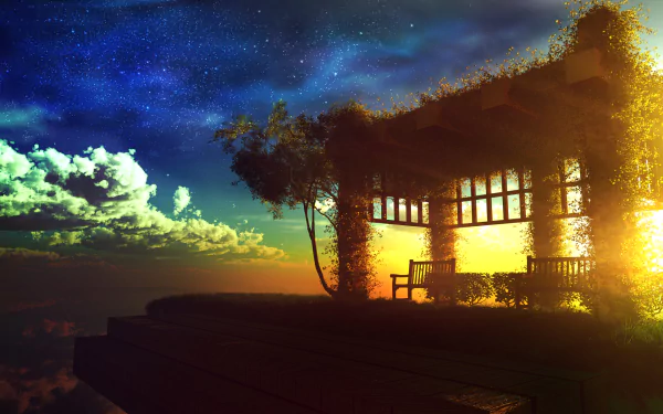 A breathtaking anime landscape featuring a sunset sky filled with stars, a vibrant cloudscape, and a cozy bench nestled under a vine-covered structure, creating a serene atmosphere.