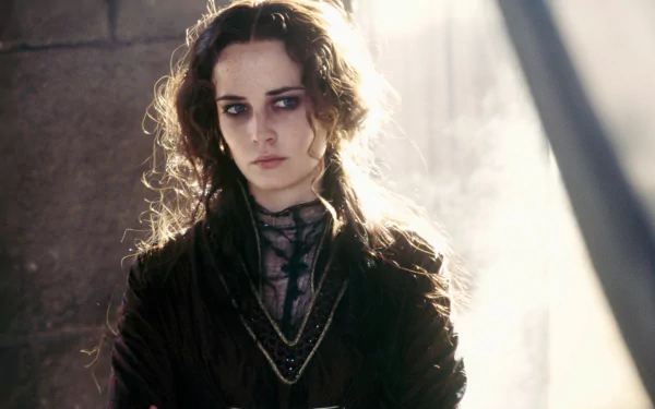 High-resolution 4K Ultra HD desktop wallpaper featuring Eva Green from the movie Kingdom of Heaven, with dramatic lighting and a medieval backdrop.