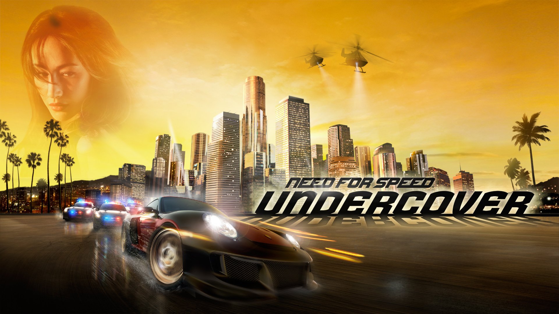 HD PC desktop wallpaper featuring a dynamic Need for Speed: Undercover scene with a sleek car, city skyline, and helicopters against a golden sunset sky.