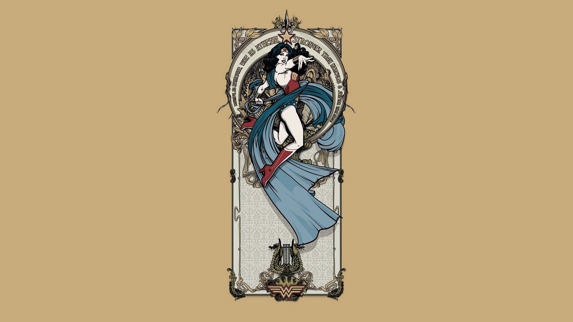 HD PC desktop wallpaper featuring a comic-style illustration of Wonder Woman in an elegant, Art Nouveau-inspired design.