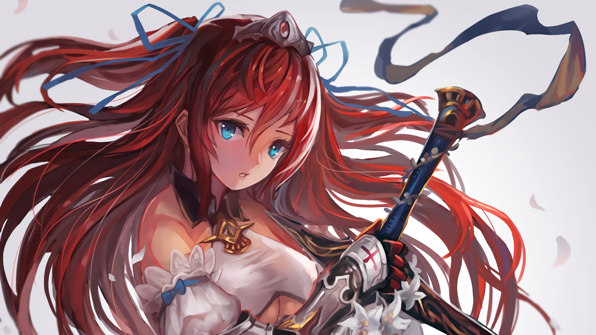 HD desktop wallpaper featuring an original anime character with long red hair, blue eyes, and holding a sword, set against a light background with flowing ribbons.