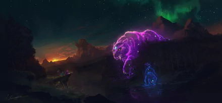 A vibrant scene depicting Trixie Lulamoon conjuring Ursa Minor in Canterlot, with Twilight Sparkle nearby. The colorful auroras and mountains create a captivating backdrop.