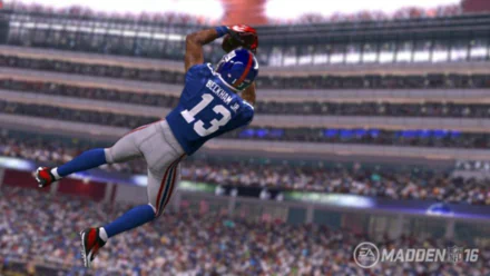 HD wallpaper from Madden NFL 16 featuring an animated football player making an impressive catch in a stadium.